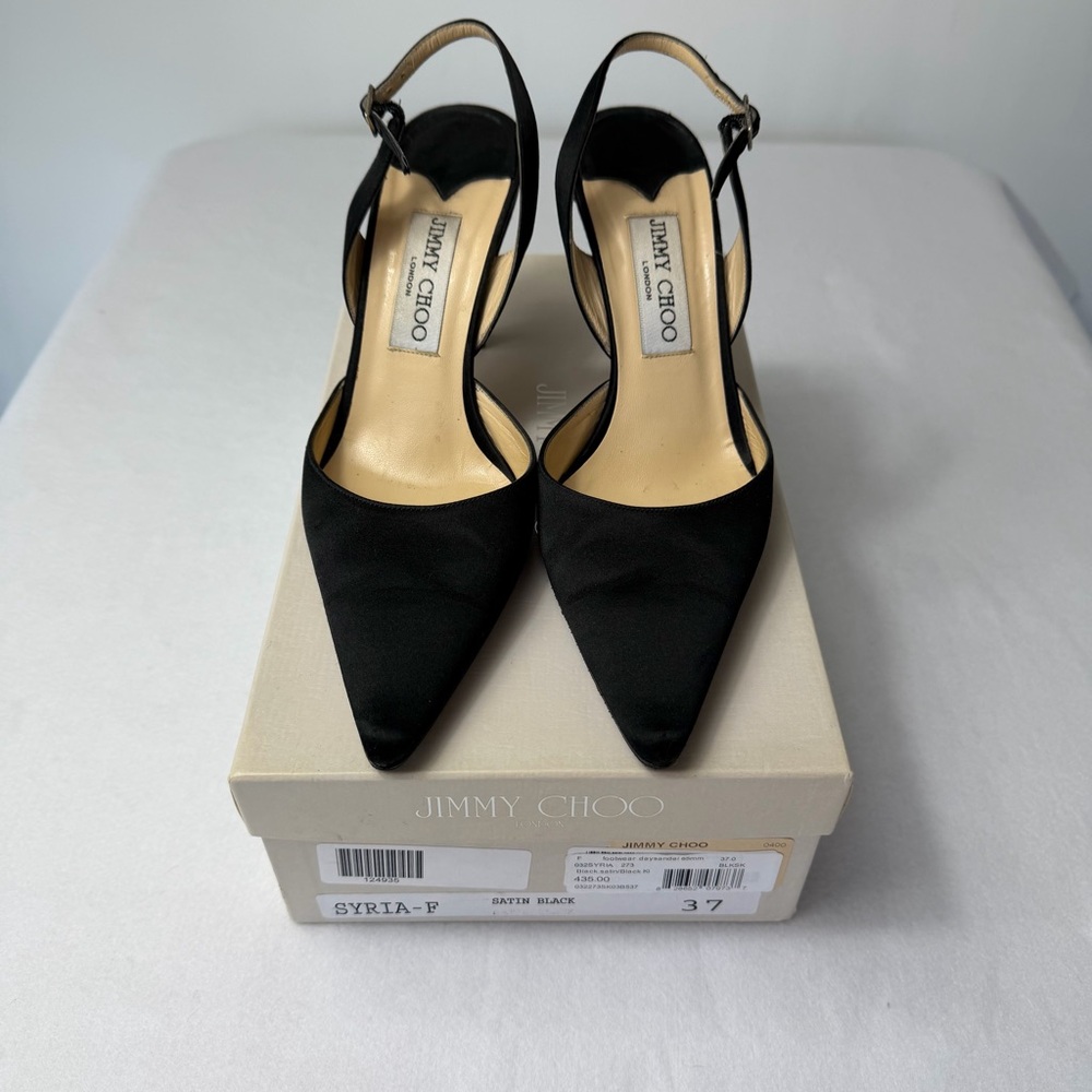 Jimmy Choo Syria Slingback Heels Black Satin Pointed Toe 37 85mm Classic - Picture 9 of 14